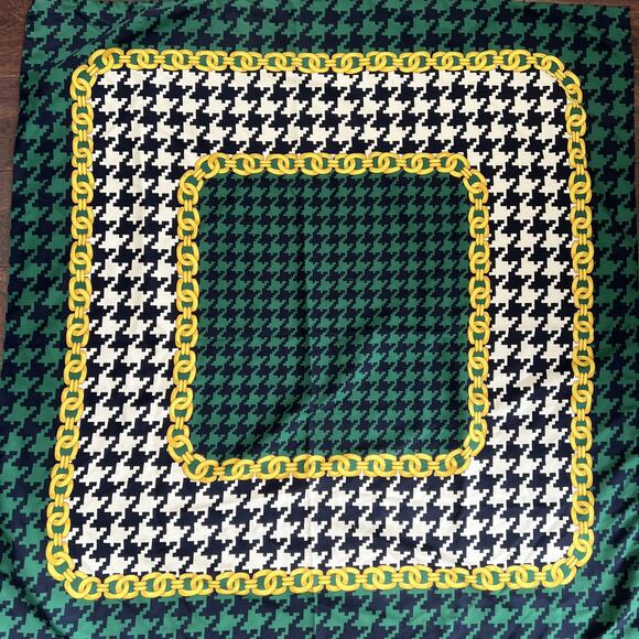 Vintage Large 34” Square Scarf Green Blue White Geometric pattern - Picture 1 of 8